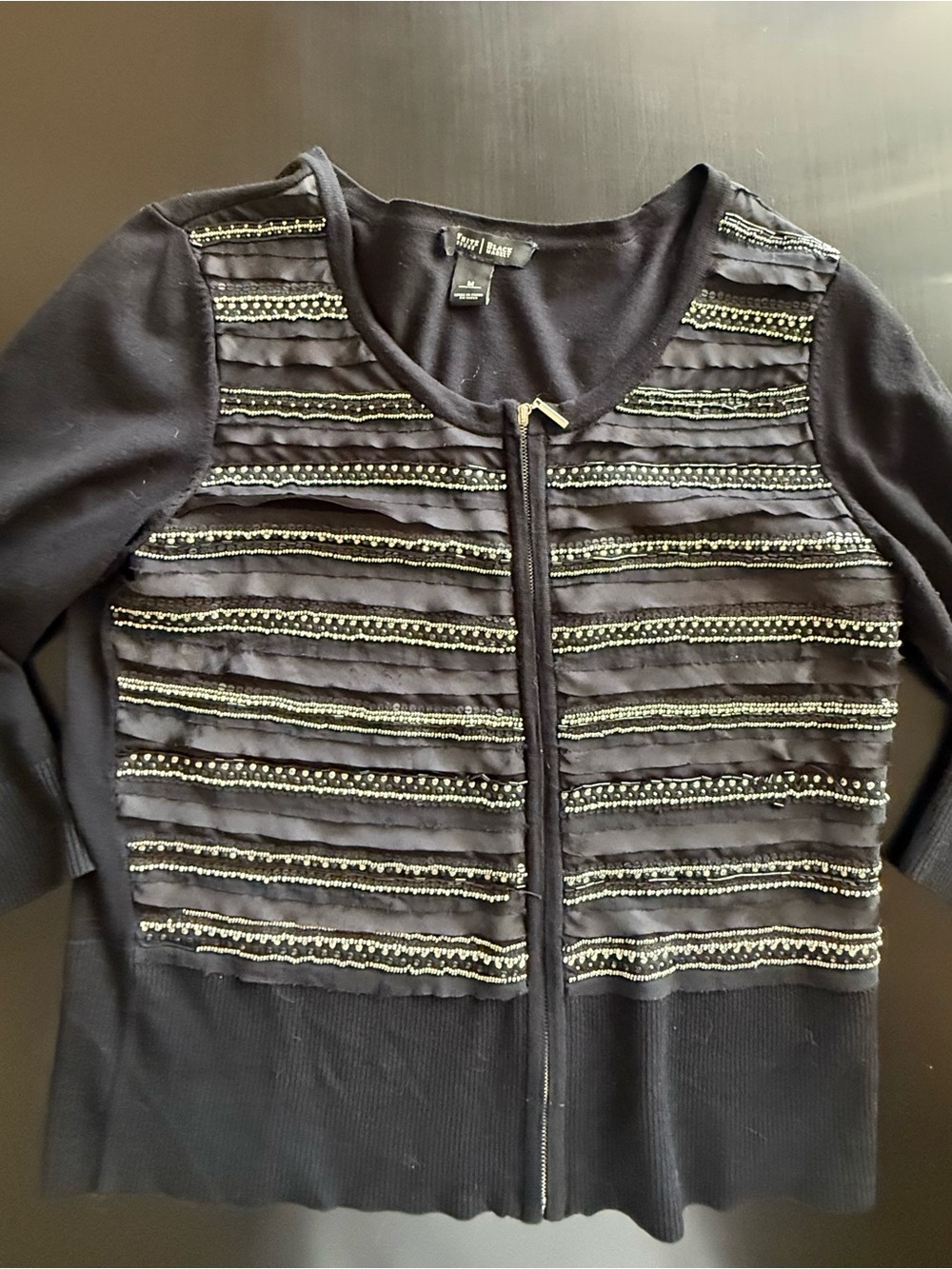White House Black Market Black Embellished Zip-Front Cardigan